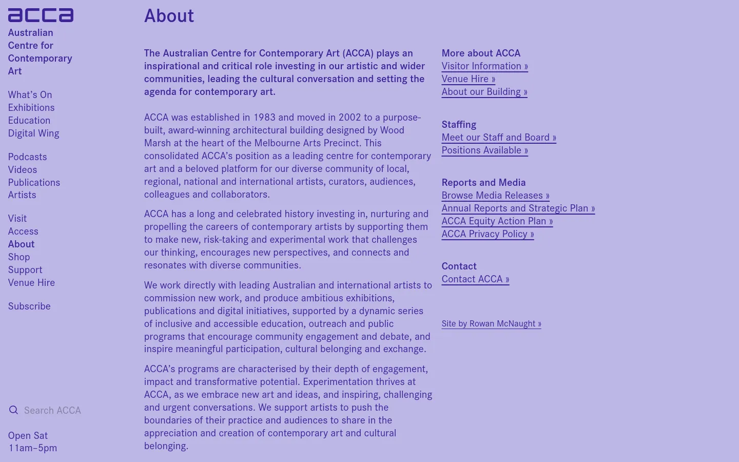 The About page features a clean, minimalist layout with a white background and dark purple text. The desktop view shows a multi-column layout with a large 'About' heading, several paragraphs of descriptive text on the left, and a sidebar on the right containing various navigation links like 'Visitor Information' and 'Staffing'. A left-hand sidebar provides main site navigation including 'Exhibitions', 'Education', and 'Artists'.