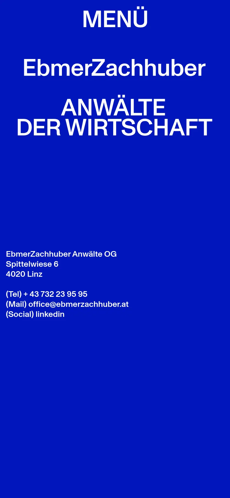 EbmerZachhuber contact page in a mobile layout with a stacked vertical orientation. The design uses a bright blue background with oversized white typography and a simplified menu structure for easy navigation on small screens.