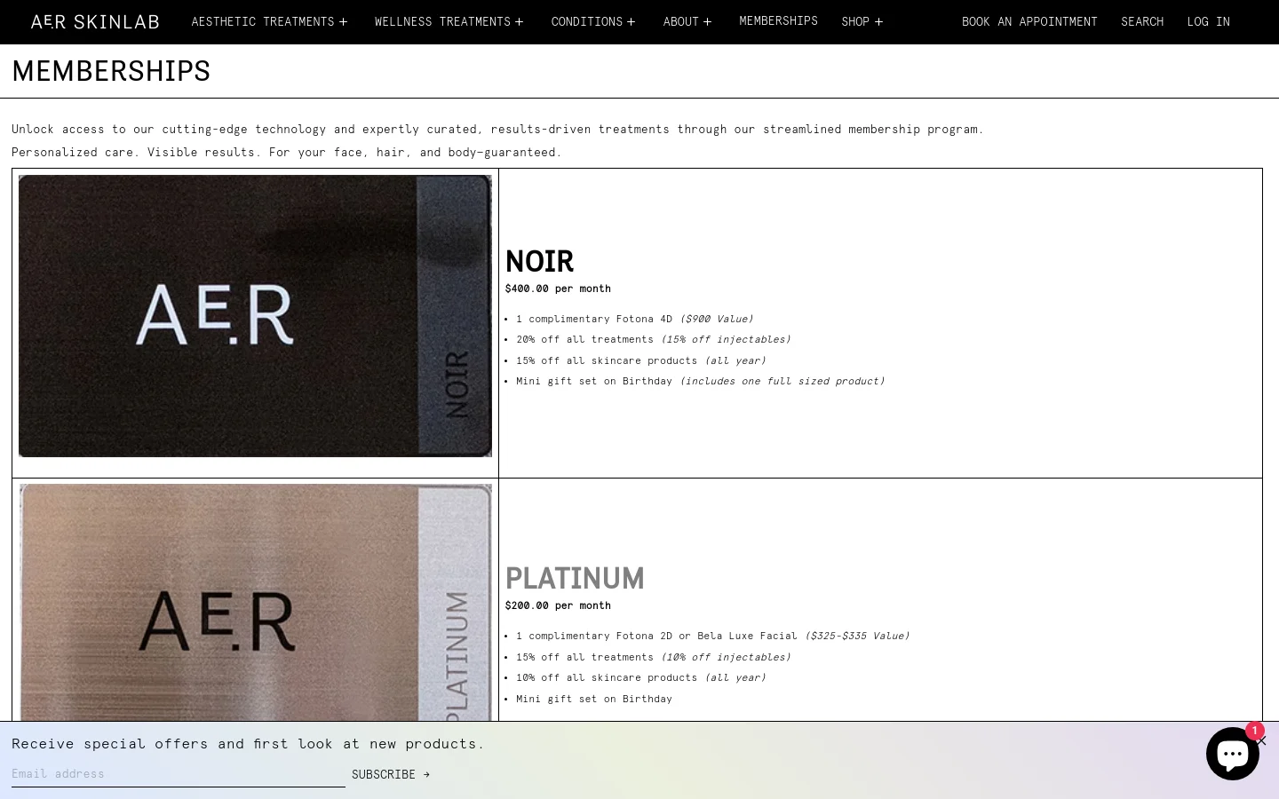 The desktop page features a minimalist design with a white background and black text. A headline introduces the membership program, followed by stacked horizontal sections for NOIR, PLATINUM, and GOLD tiers, each containing a lifestyle image on the left and membership details on the right. A dark footer includes a newsletter subscription field and a chat icon.