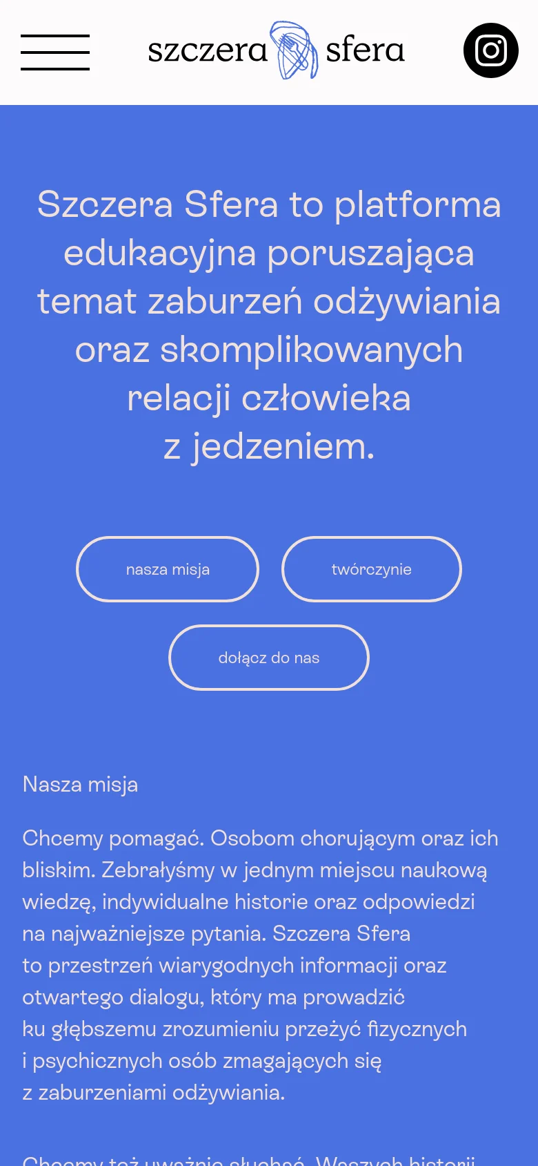 Mobile version of the page with a vertical layout and a blue background. The large white headline is centered, followed by the three navigation buttons stacked in two rows. The header is simplified with a hamburger menu, the logo, and an Instagram icon, while the 'Nasza misja' section begins below the hero area with white text on the blue background.