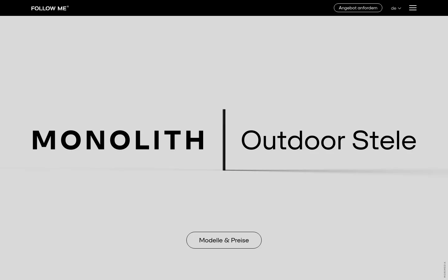 The desktop homepage features a minimalist light gray hero section with the large headline 'MONOLITH | Outdoor Stele' and a 'Modelle & Preise' button. A dark navigation bar at the top includes the 'FOLLOW ME' logo, an 'Angebot anfordern' call to action, and a language selector. Below the hero, a grid of high-quality landscape images showcases the product in various outdoor locations like Schönbrunn and various museums.