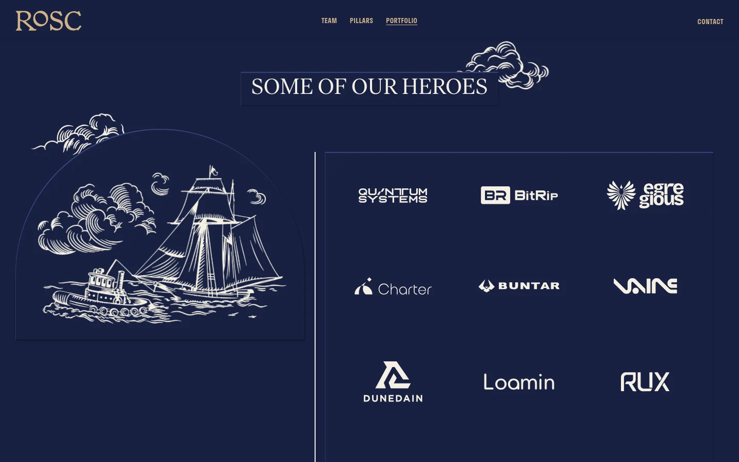 The Portfolio page features a dark navy background with a large white line-art illustration of a sailing ship and tugboat under an arched sky. A headline reads 'SOME OF OUR HEROES' above a grid of client logos including Quantum Systems, BitRip, Egregious, Charter, Buntar, Vaire, Dunedain, Loamin, and RUX. The desktop layout uses a split-screen design with the illustration on the left and a logo grid on the right.