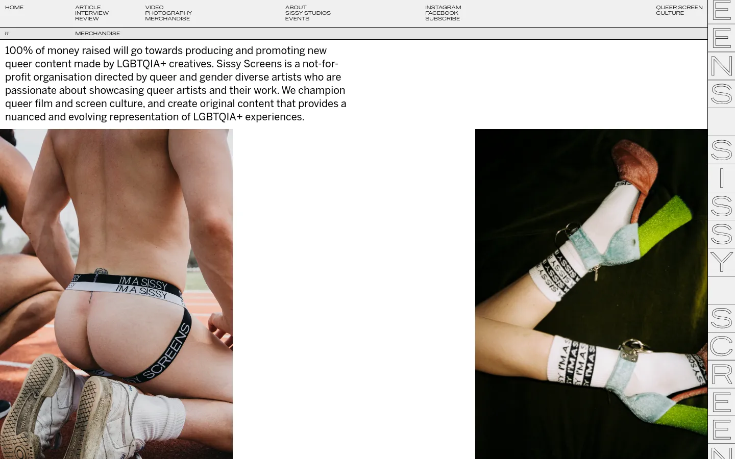 The desktop merchandise page features a minimalist white layout with a top navigation menu and a large text block explaining the organization's mission. Below the text, a grid of product images shows various items like jockstraps, socks, and shirts, each accompanied by a price and a 'Sold Out' button. A large hero image on the left shows a person wearing branded underwear.