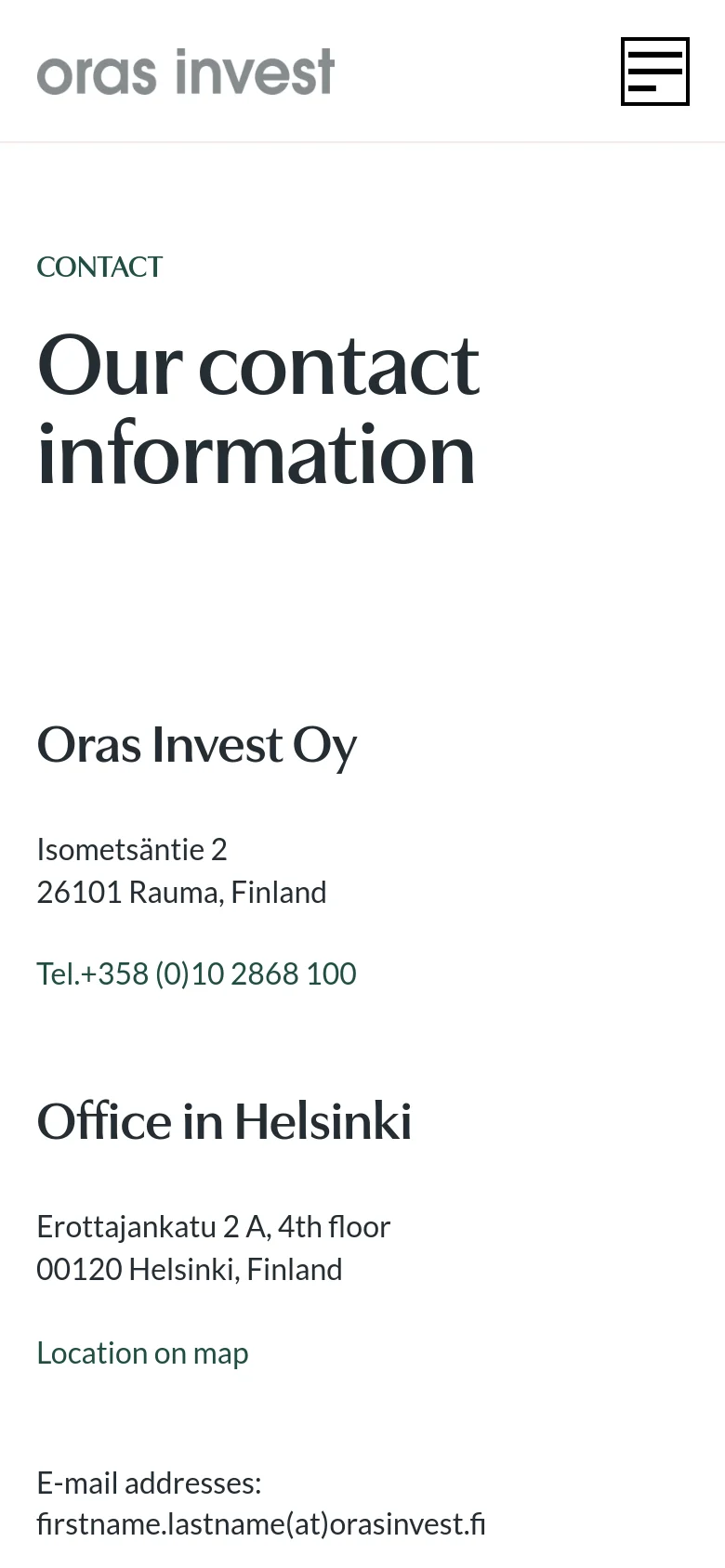 The mobile version uses a vertical layout with the 'Our contact information' headline prominently at the top. Contact details for the Rauma and Helsinki offices are stacked vertically for easier scrolling, and the desktop navigation is replaced by a hamburger menu icon in the top right corner.