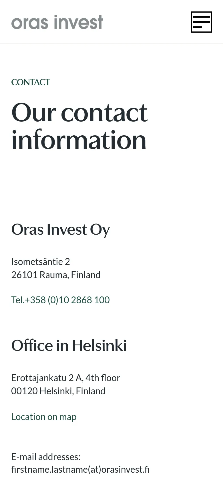 The mobile version uses a vertical layout with the 'Our contact information' headline prominently at the top. Contact details for the Rauma and Helsinki offices are stacked vertically for easier scrolling, and the desktop navigation is replaced by a hamburger menu icon in the top right corner.