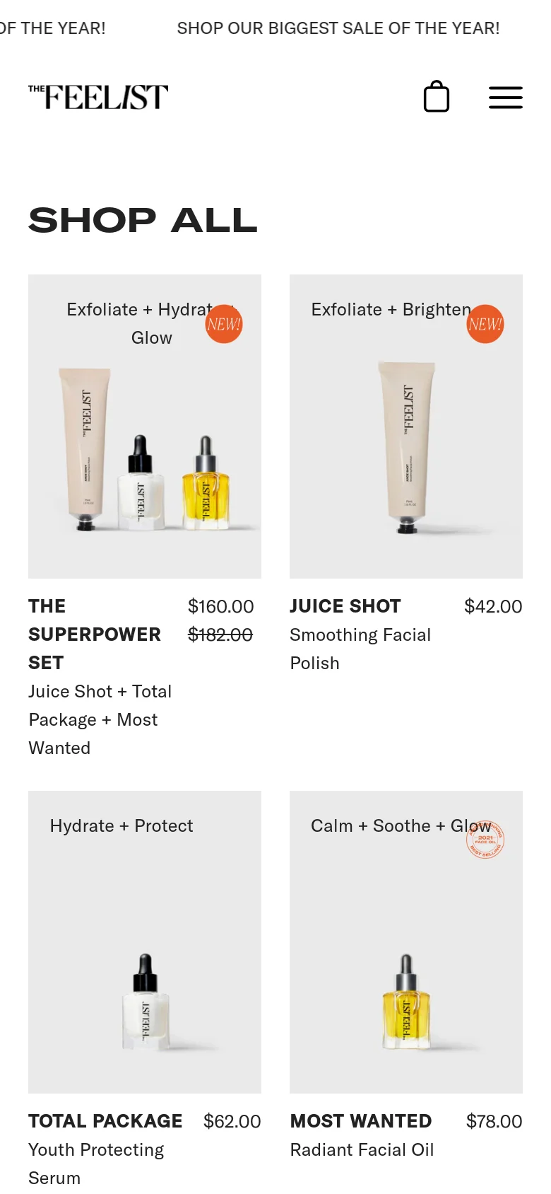 The mobile version maintains the clean, white aesthetic but presents the product grid in a single-column vertical stack. The navigation is condensed into a hamburger menu and a shopping bag icon at the top, with product images and details scaled for a smaller screen.