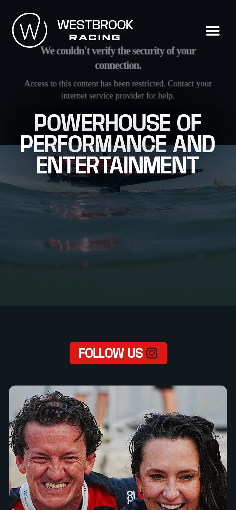 The mobile version presents a vertically stacked layout optimized for small screens, featuring the Westbrook Racing logo and a hamburger menu icon at the top. The hero headline is centered over the ocean background, and the red 'FOLLOW US' button is prominently centered below the main heading. Content is condensed into a single-column view for easier scrolling.