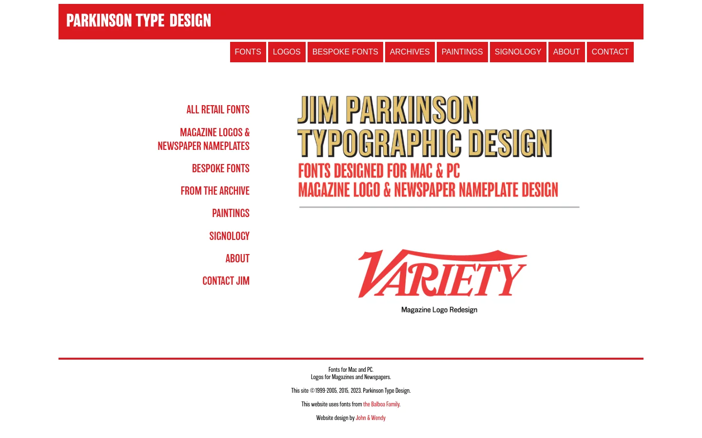 The desktop homepage features a red header with 'PARKINSON TYPE DESIGN' and a navigation bar with white text on red buttons. The main body has a two-column layout with red text links on the left and large, stylized typographic headings on the right, including a red 'VARIETY' logo redesign. The color scheme is primarily white, red, and black.