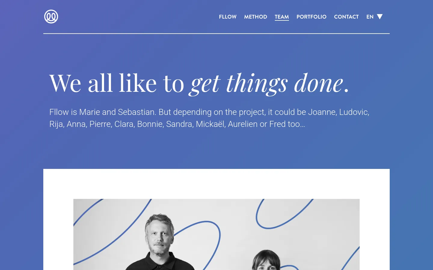 The desktop page features a blue header with a white logo and navigation links for Fllow, Method, Team, Portfolio, Contact, and Language. A large headline reads 'We all like to get things done.' followed by introductory text, positioned above a large photograph of two people against a light background with blue abstract lines.