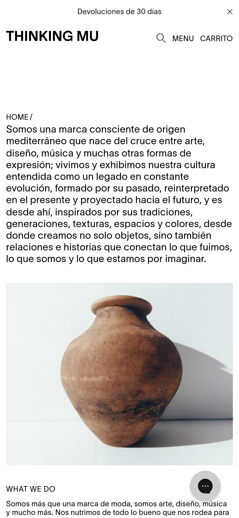 The mobile version simplifies the layout into a single column, replacing the full desktop navigation with a 'MENU' button and a search icon. The introductory text spans the width of the screen above a large, centered image of a terracotta pot. The overall color palette remains neutral and minimalist, optimized for vertical scrolling.