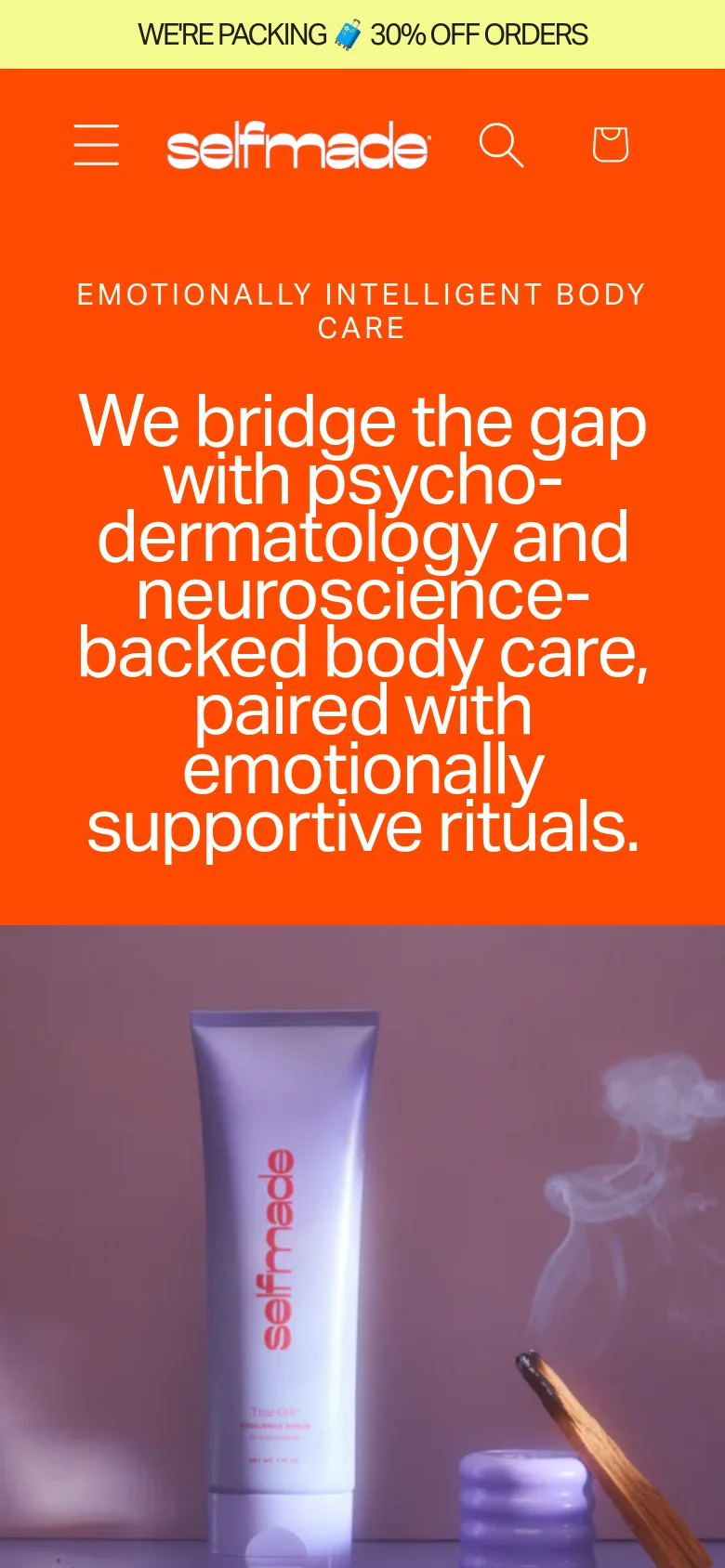 The mobile version uses a similar orange and lavender color palette but features a condensed layout with a hamburger menu icon. The headline text is larger and stacked vertically to fit the narrow screen, and the hero image of the product tube is tightly cropped to focus on the branding and texture.