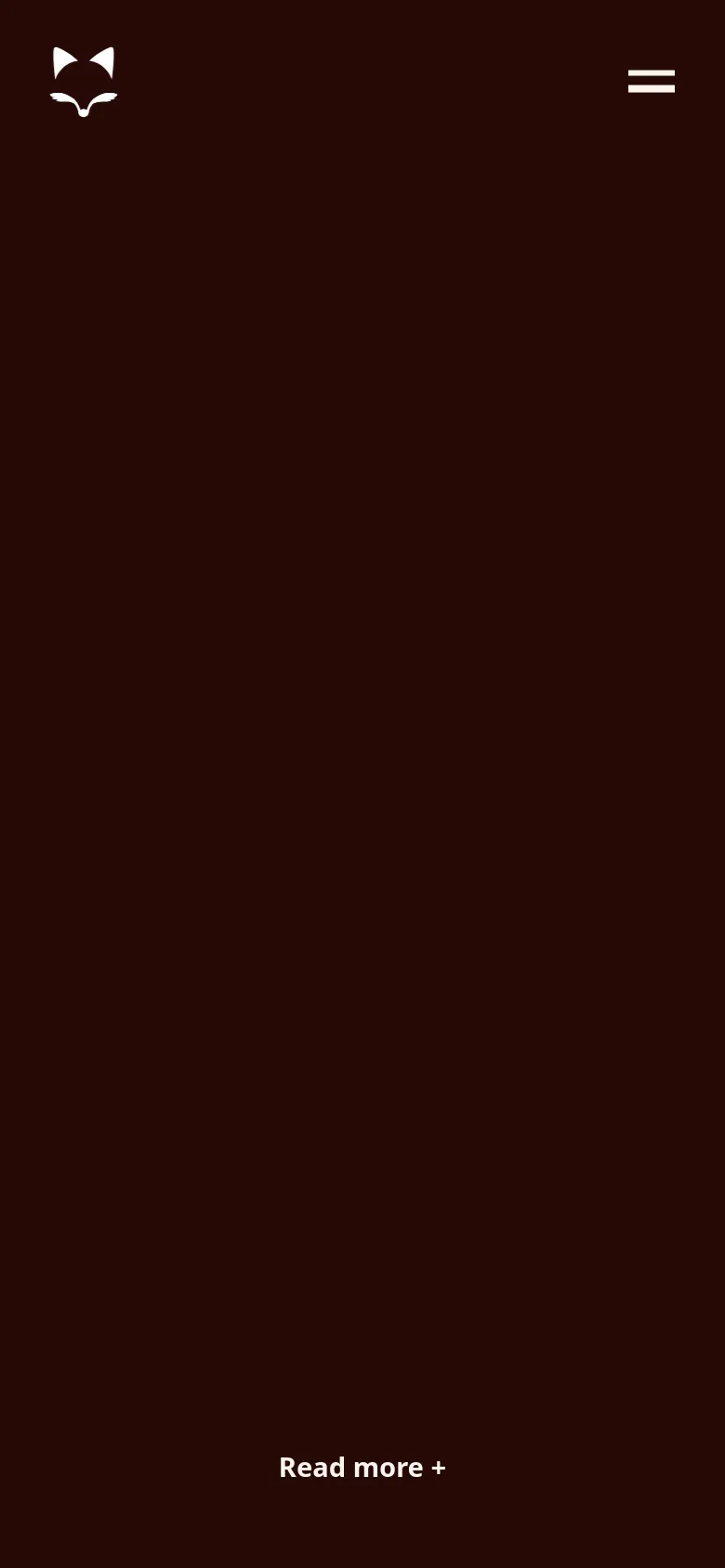 The mobile version maintains the dark brown theme and white logo but simplifies the layout for a smaller screen. The header contains only the Fox Meets Owl icon and a hamburger menu, while the 'Read more +' button is centered at the bottom of the viewport.