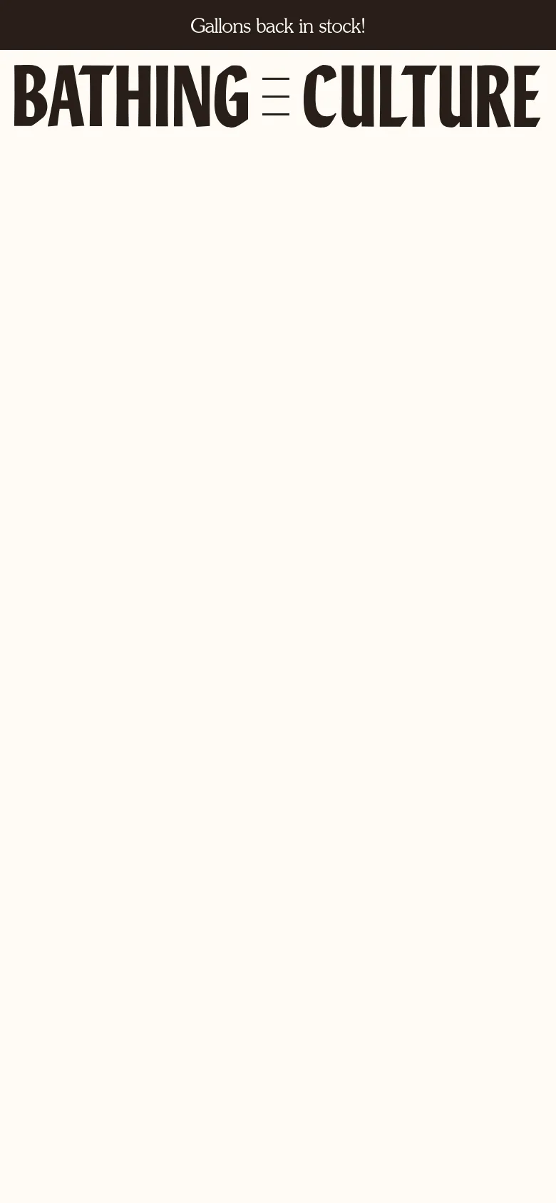 The mobile version simplifies the layout, replacing the top navigation links with a centered hamburger menu icon between the 'BATHING' and 'CULTURE' logo text. The minimalist off-white aesthetic and large typography remain consistent with the desktop version.