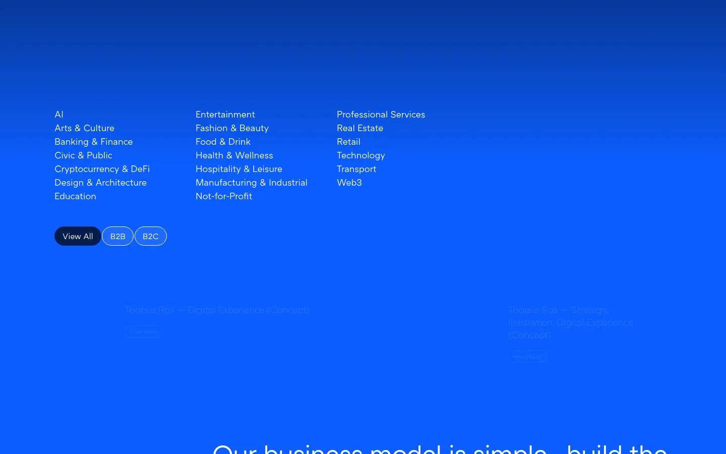 The Works archive page features a vibrant blue background with white text. A navigation menu at the top includes links like 'Start a project' and 'Agency', followed by a categorized list of industry sectors such as AI, Arts & Culture, and Technology. Below the categories, a dropdown menu labeled 'Viewing all work' sits above large project titles like 'Tootsie Roll — Digital Experience (Concept)' with 'View Recap' buttons.
