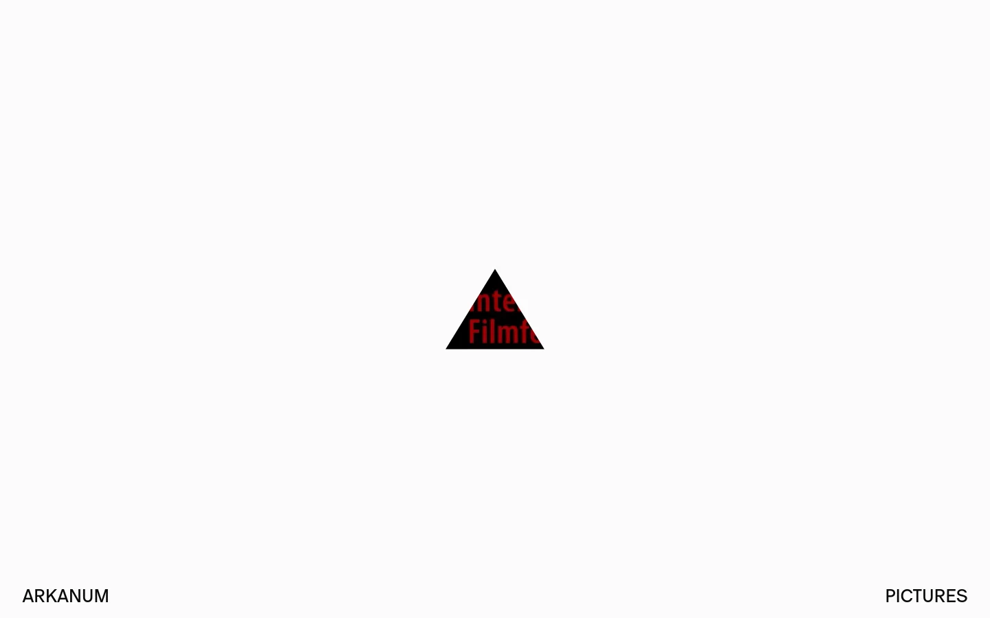 The desktop homepage features a minimalist white background with 'ARKANUM' on the bottom left and 'PICTURES' on the bottom right. In the center, a black triangle contains red text that is partially obscured. The layout is spacious and clean, emphasizing a modern, cinematic aesthetic.