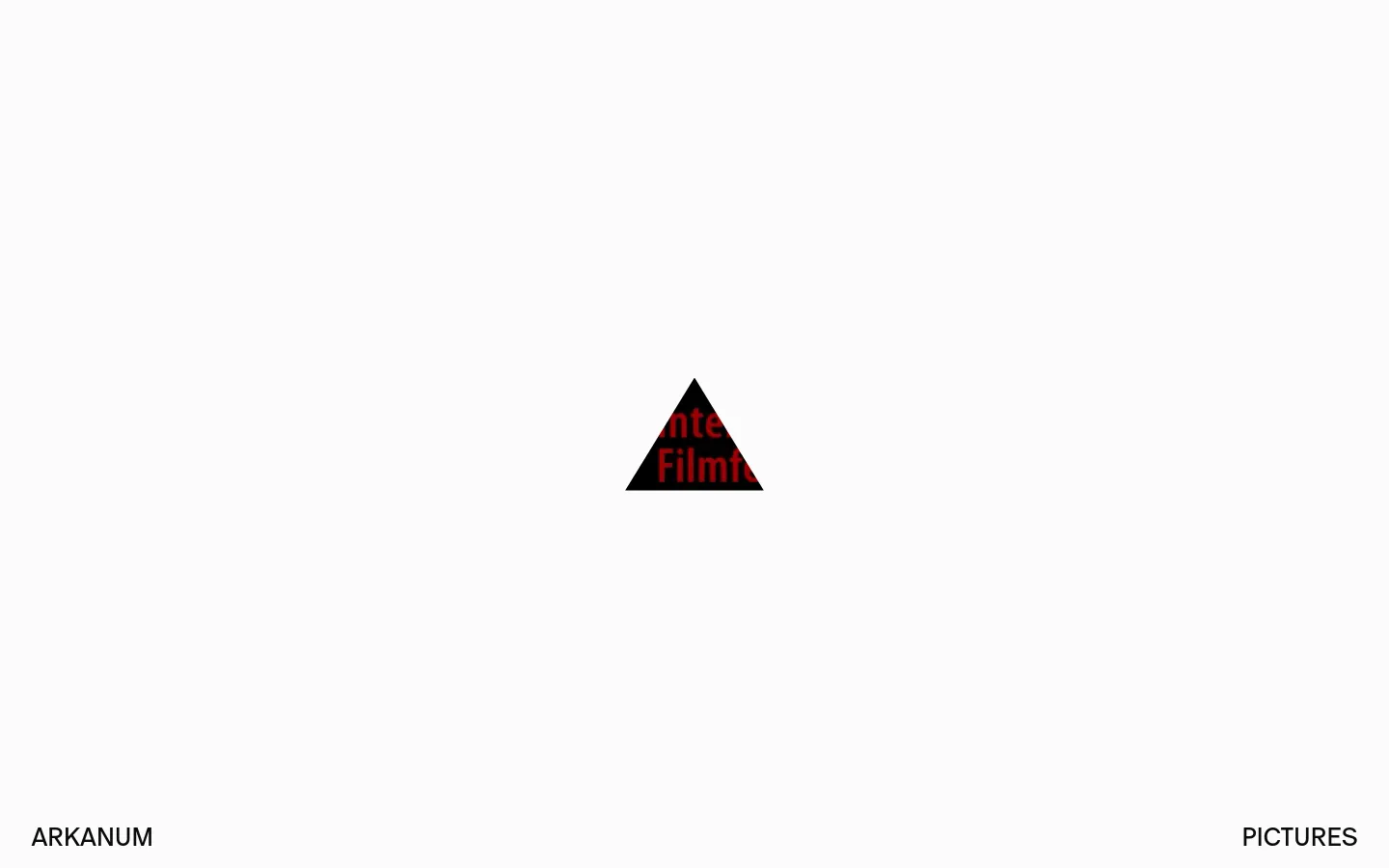 The desktop homepage features a minimalist white background with 'ARKANUM' on the bottom left and 'PICTURES' on the bottom right. In the center, a black triangle contains red text that is partially obscured. The layout is spacious and clean, emphasizing a modern, cinematic aesthetic.