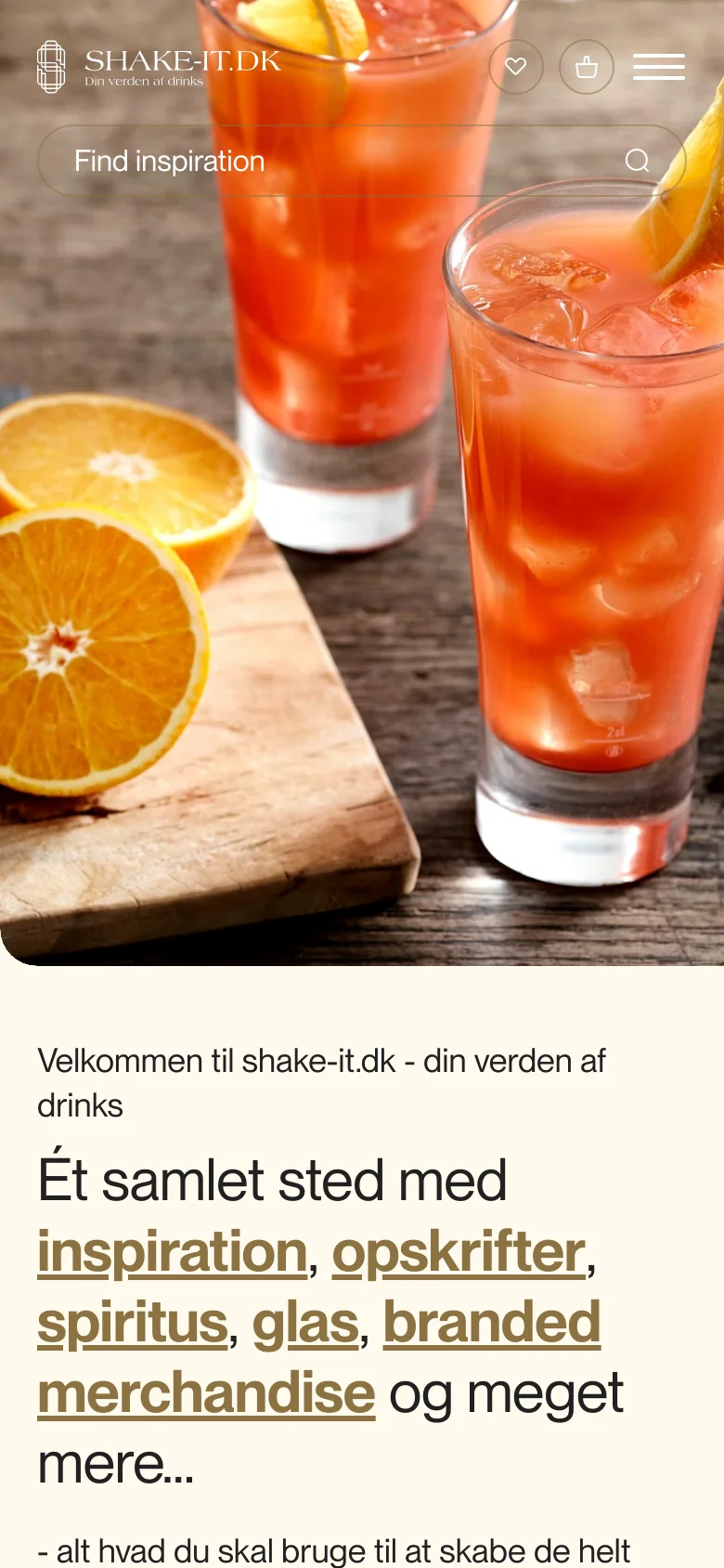 The mobile version presents a vertically stacked layout with the hero imagery of cocktails filling the top half of the screen. The navigation is condensed, featuring a hamburger menu icon and a prominent search bar overlaying the image. The welcome text and underlined category links follow below the hero image in a single column.