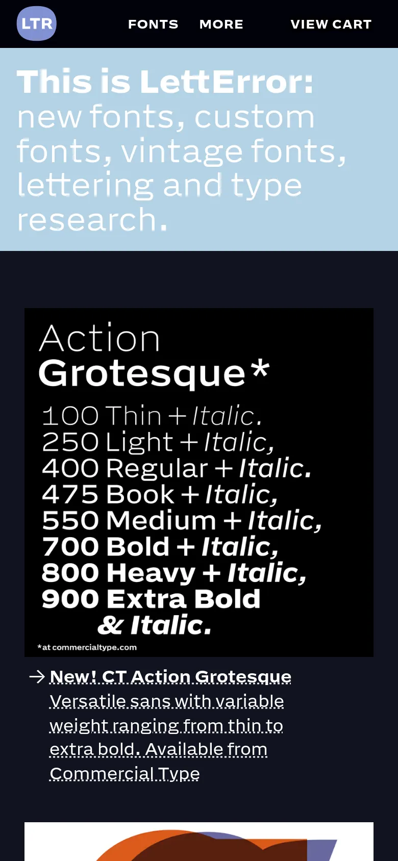 The mobile version presents a vertically stacked layout starting with the light blue hero text section. The typeface specimens follow in a single-column format, showing large preview images followed by font names and descriptions. The navigation bar remains at the top, though the content is condensed for a narrow screen.