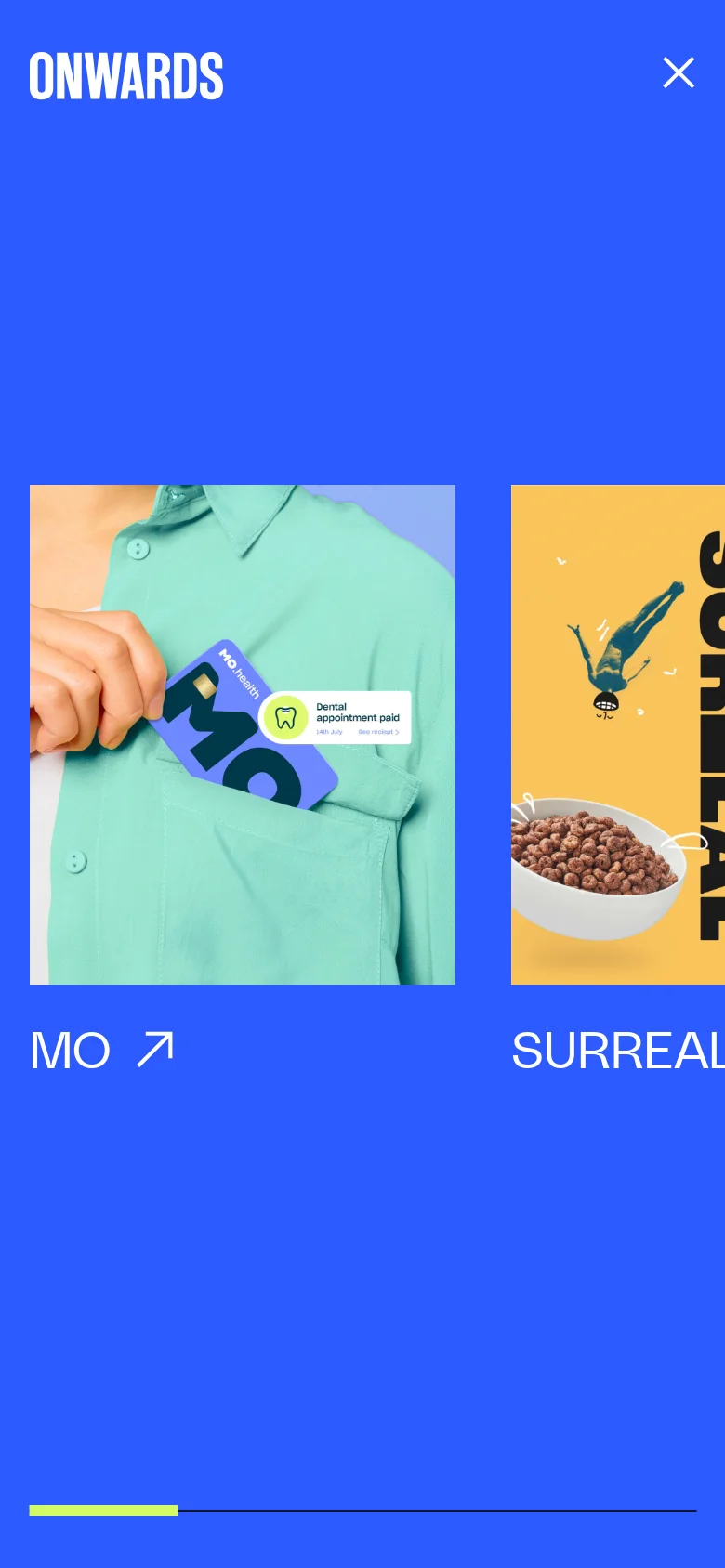 The mobile version maintains the vibrant blue background and large project imagery but switches to a single-column vertical layout. The project titles and links are stacked below each large image, and the navigation elements are simplified for a smaller screen.