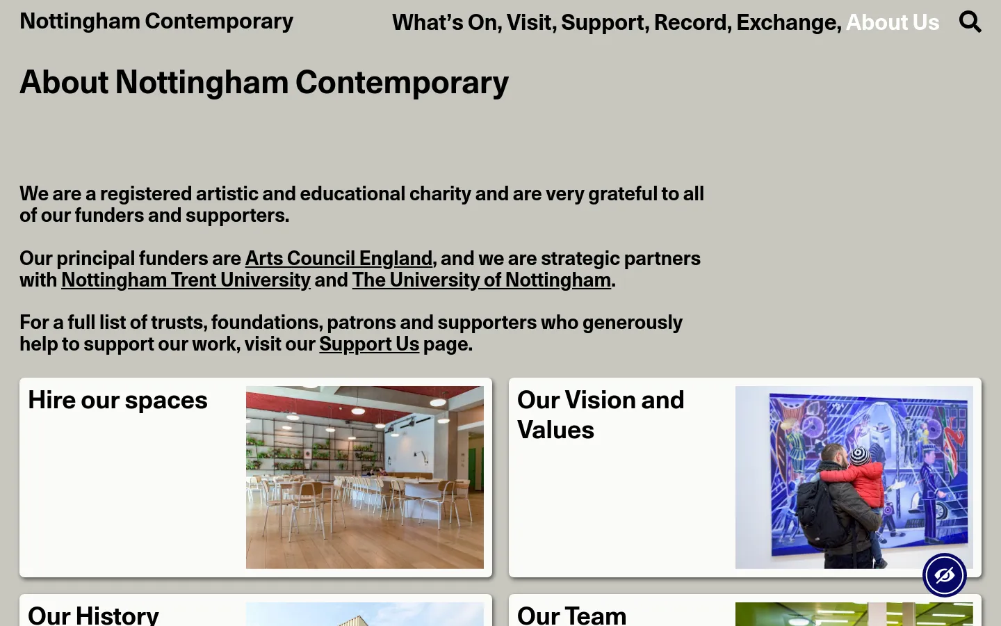 The desktop page features a minimalist design with a light beige background and black text. Below the introductory text about funders, a grid of large rectangular cards displays links to sections like 'Hire our spaces' and 'Our Vision and Values,' each combining text with a high-quality photograph. The navigation menu is spread horizontally across the top of the page.