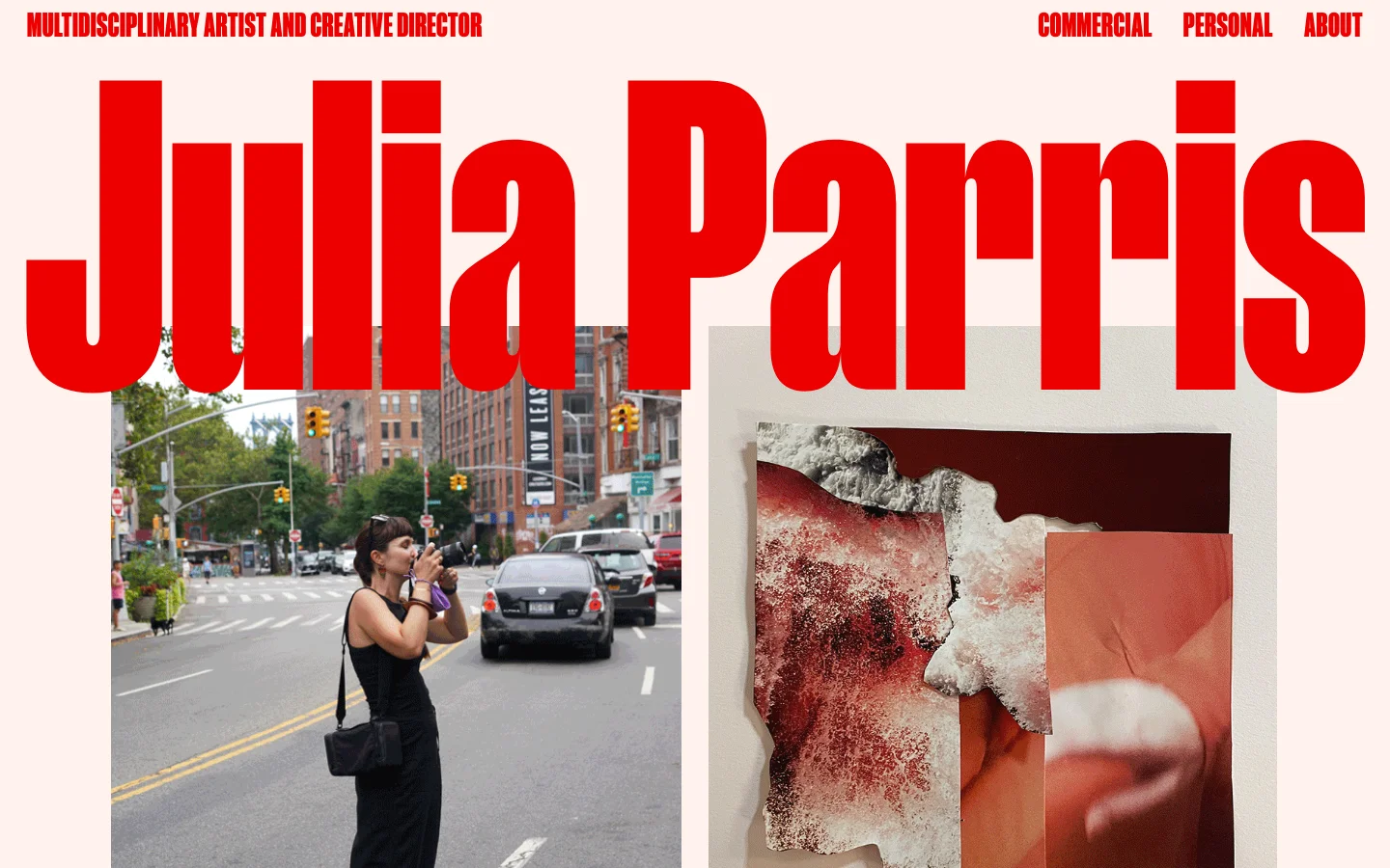 The desktop homepage features large, bold red typography for the name 'Julia Parris' against a light background. The layout includes a navigation menu at the top with links for Commercial, Personal, and About, and a hero section showcasing a street scene photograph overlaid with artistic textures. Below the hero, the page transitions into a text-based introduction followed by a grid of featured project images and titles.