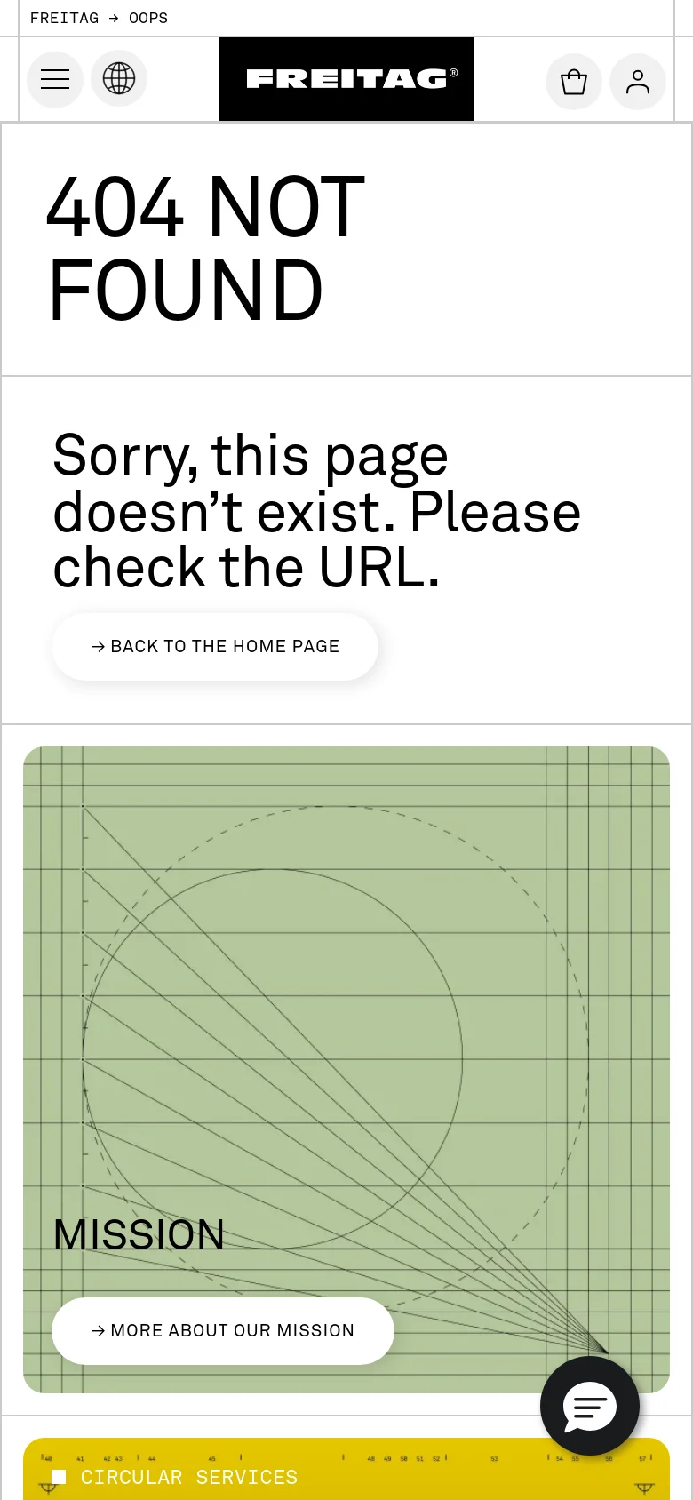 FREITAG 404 error page with a vertically stacked layout. The large 404 headline and error message are followed by single-column image tiles for Mission, Circular Services, and Our Products, each featuring a full-width background image and centered text overlay.
