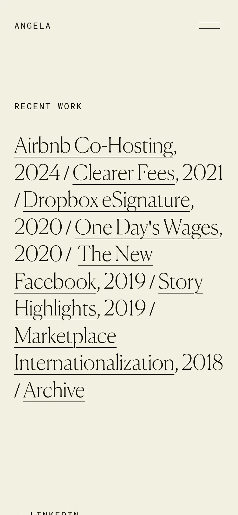 The mobile version maintains the minimalist cream and black aesthetic but simplifies the navigation into a hamburger menu icon at the top right. The project links are stacked vertically in a large, readable serif font, occupying the central portion of the screen.
