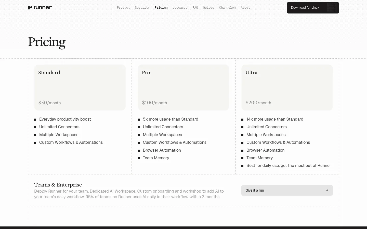 Runner pricing page featuring a three-column pricing grid for Standard, Pro, and Ultra plans. The layout uses large serif typography on a light textured background with minimalist cards detailing monthly costs and feature lists. A bottom section highlights Teams & Enterprise options with a call-to-action button.