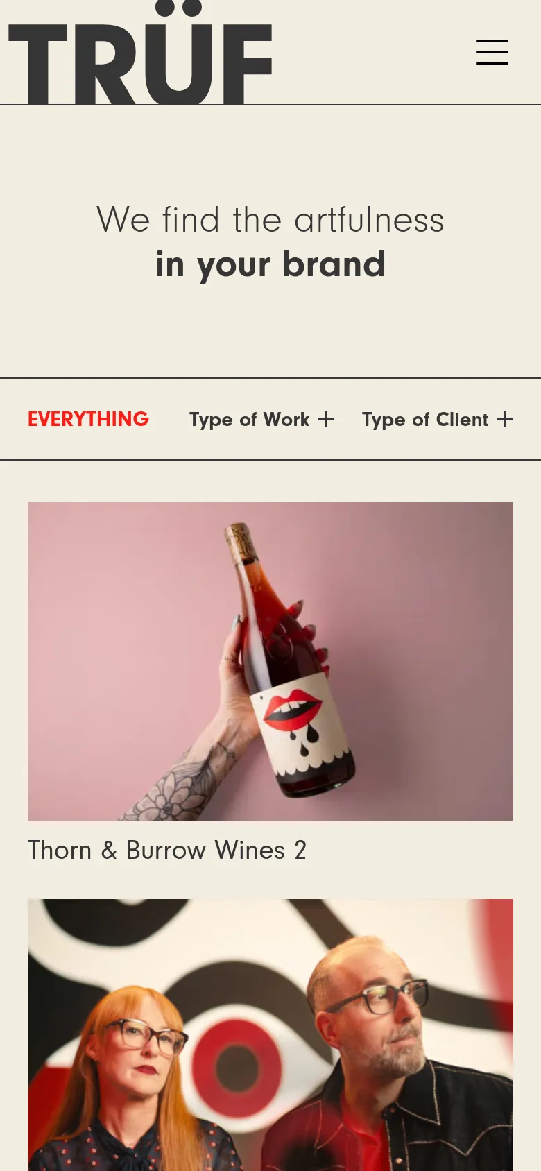 The mobile version uses a simplified layout with a hamburger menu icon next to the 'TRÜF' logo. The hero headline is centered, and the filter options are arranged horizontally above a single-column vertical scroll of large project images and titles.