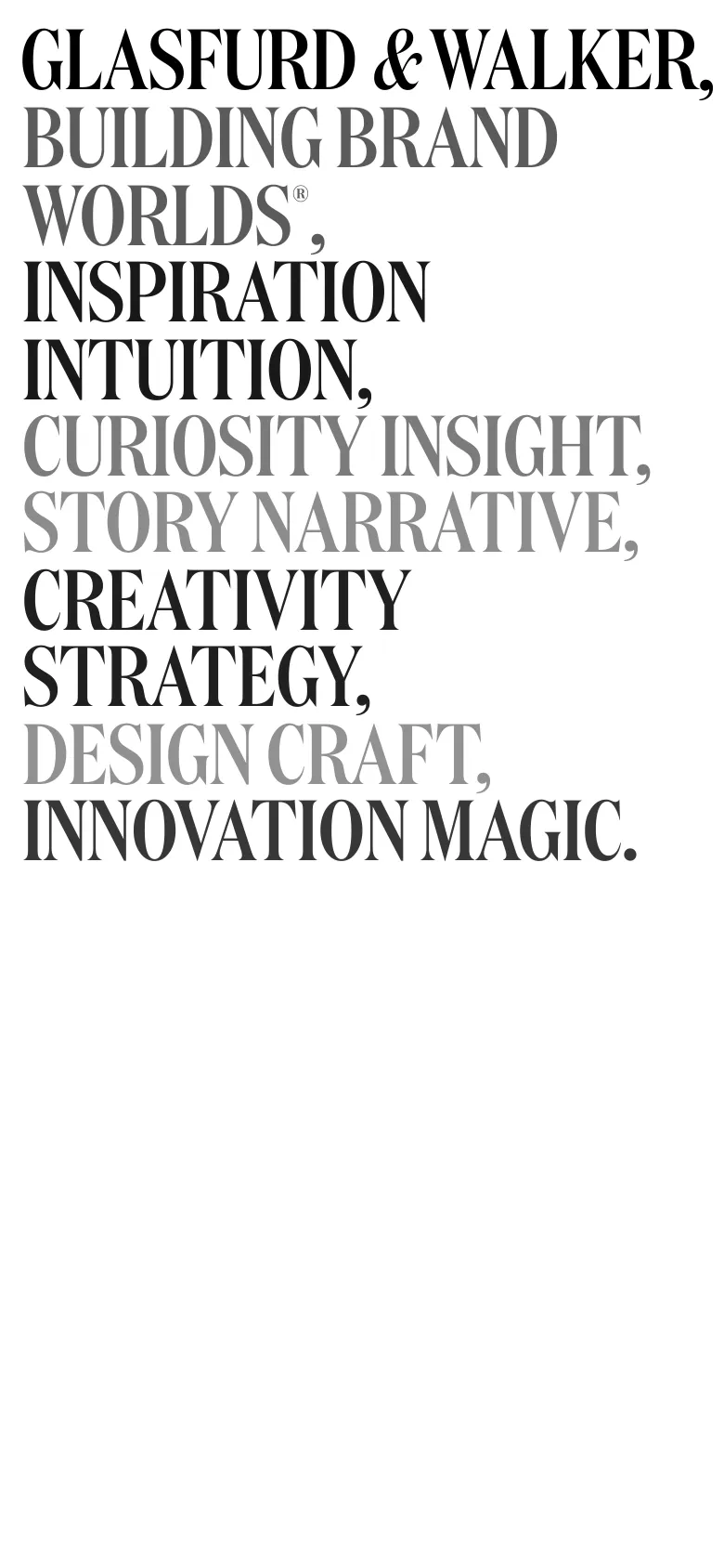 The mobile version maintains the minimalist white and black aesthetic but uses a single-column vertical layout. The article cards and large typographic elements are stacked vertically for easier scrolling on a narrow screen, and the navigation is condensed.