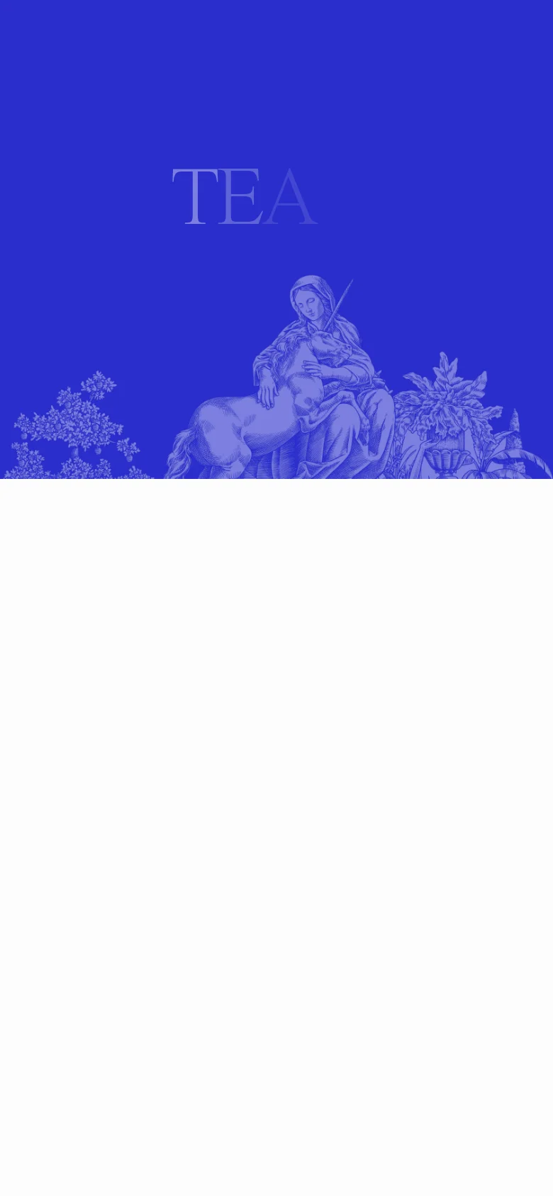 The mobile version maintains the blue hero header with the 'TEA' text and classical toile illustration, but the text is centered and scaled for a narrower screen. The layout transitions to a single-column view, stacking the management profile and the partner filter controls vertically.