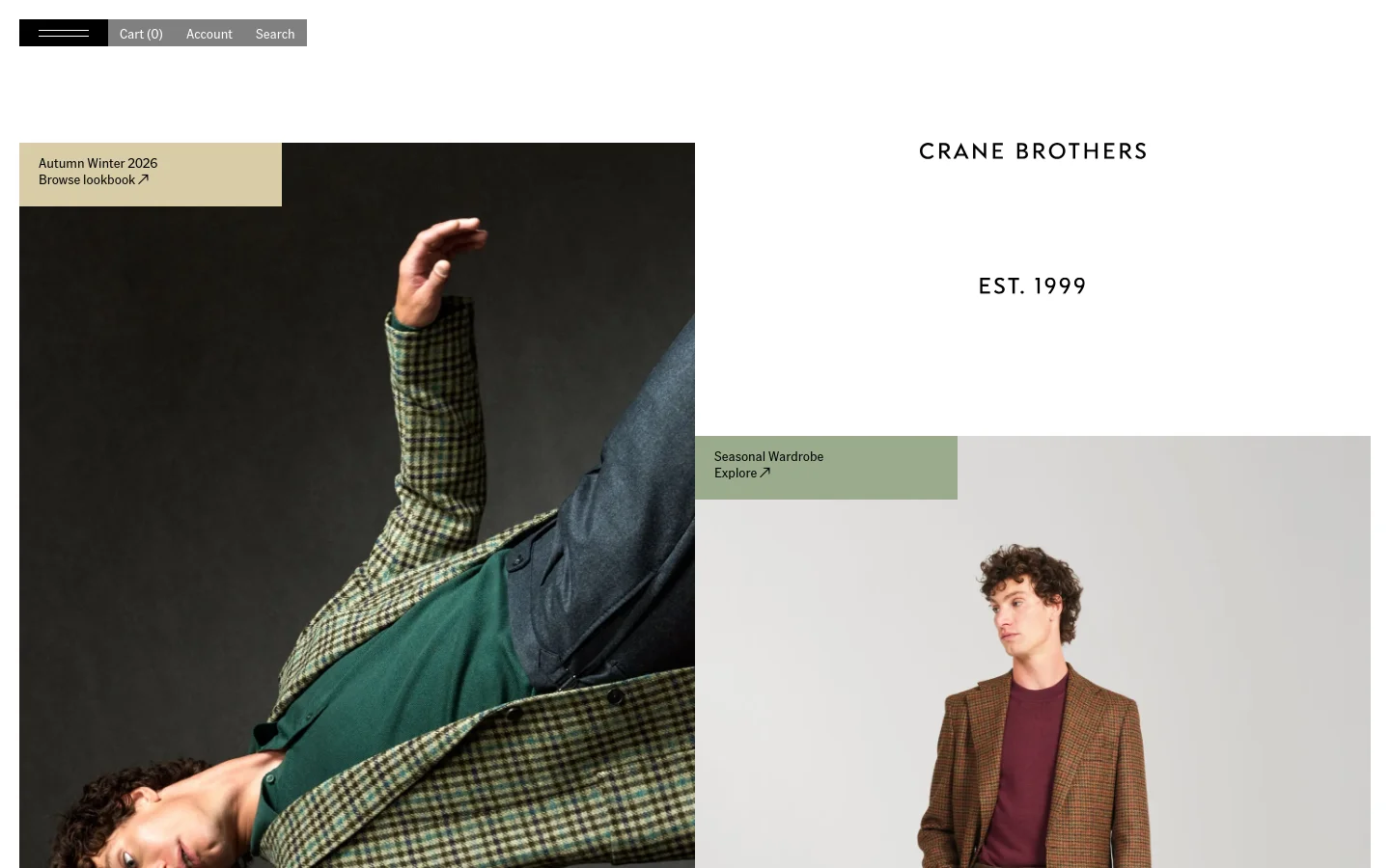 Crane Brothers homepage featuring a split-screen layout with large editorial photography of a man in a green plaid blazer. The minimalist design uses a neutral palette with sage green accents and bold sans-serif typography, including the text EST. 1999.