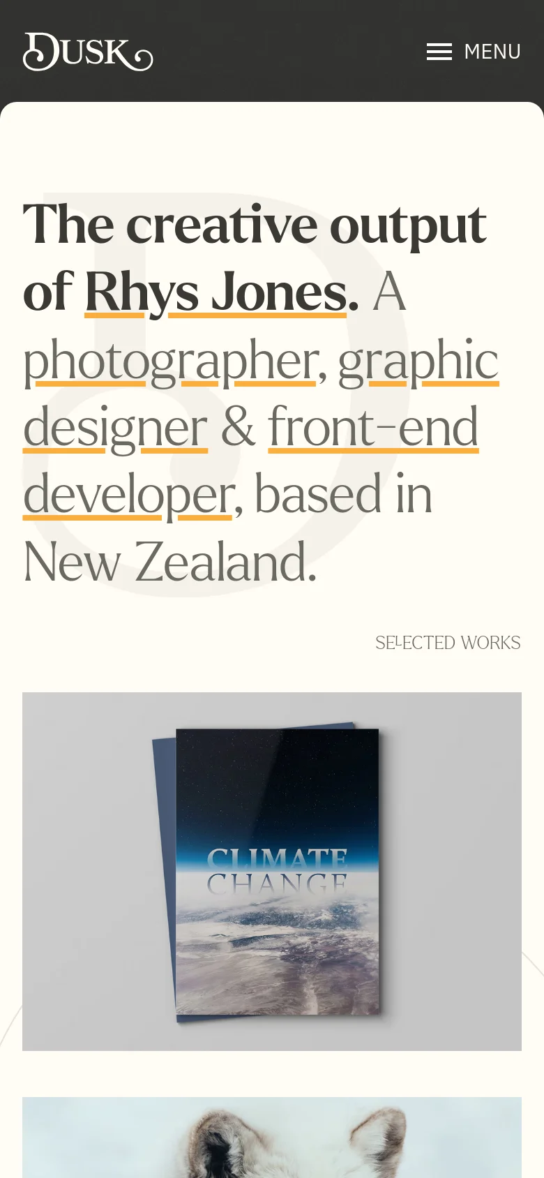 The mobile version features a simplified layout with a dark header containing the 'Dusk' logo and a hamburger menu icon. The hero text is stacked vertically, maintaining the large typography and cream background, while the 'Selected Works' section begins below the headline.