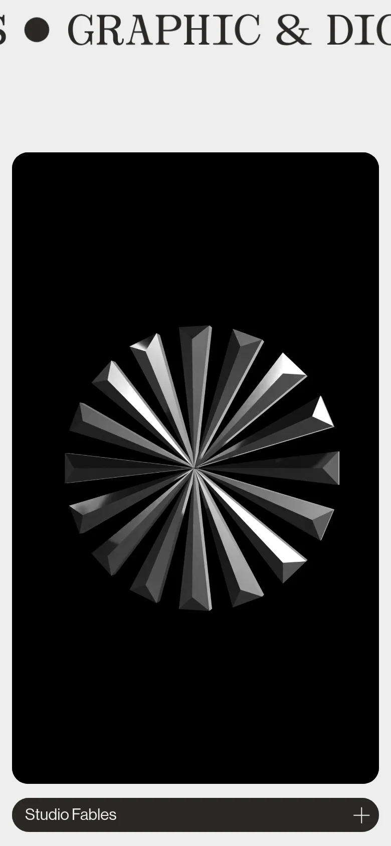 The mobile version maintains the dark, minimalist aesthetic with the 3D geometric starburst centered on a black background. The layout is vertically oriented, with the navigation menu condensed into a single bar at the bottom of the screen.