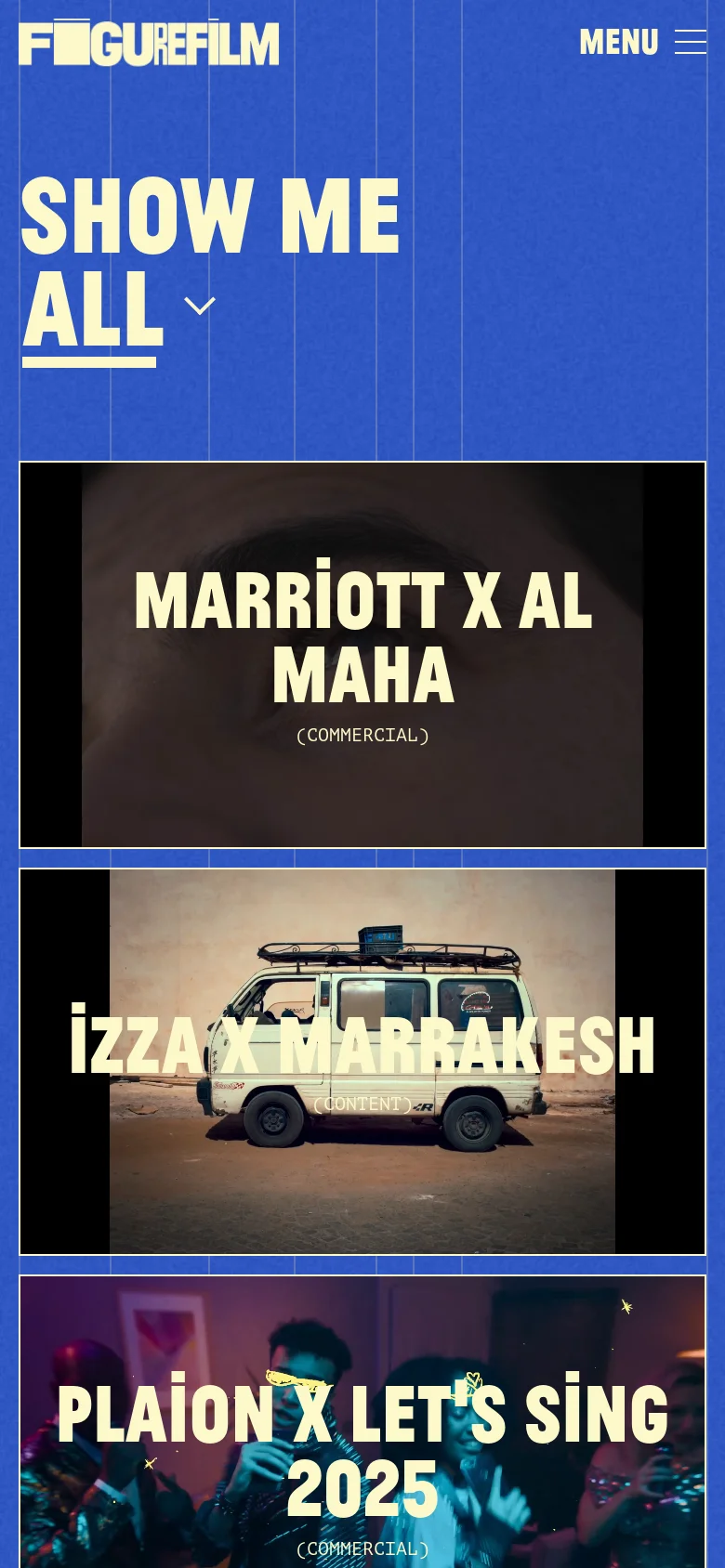 The mobile version uses a condensed blue header with the logo centered and a hamburger menu icon on the right. The 'SHOW ME ALL' heading is prominently displayed in large white text, followed by a single-column vertical stack of large video project thumbnails with overlaying text titles.