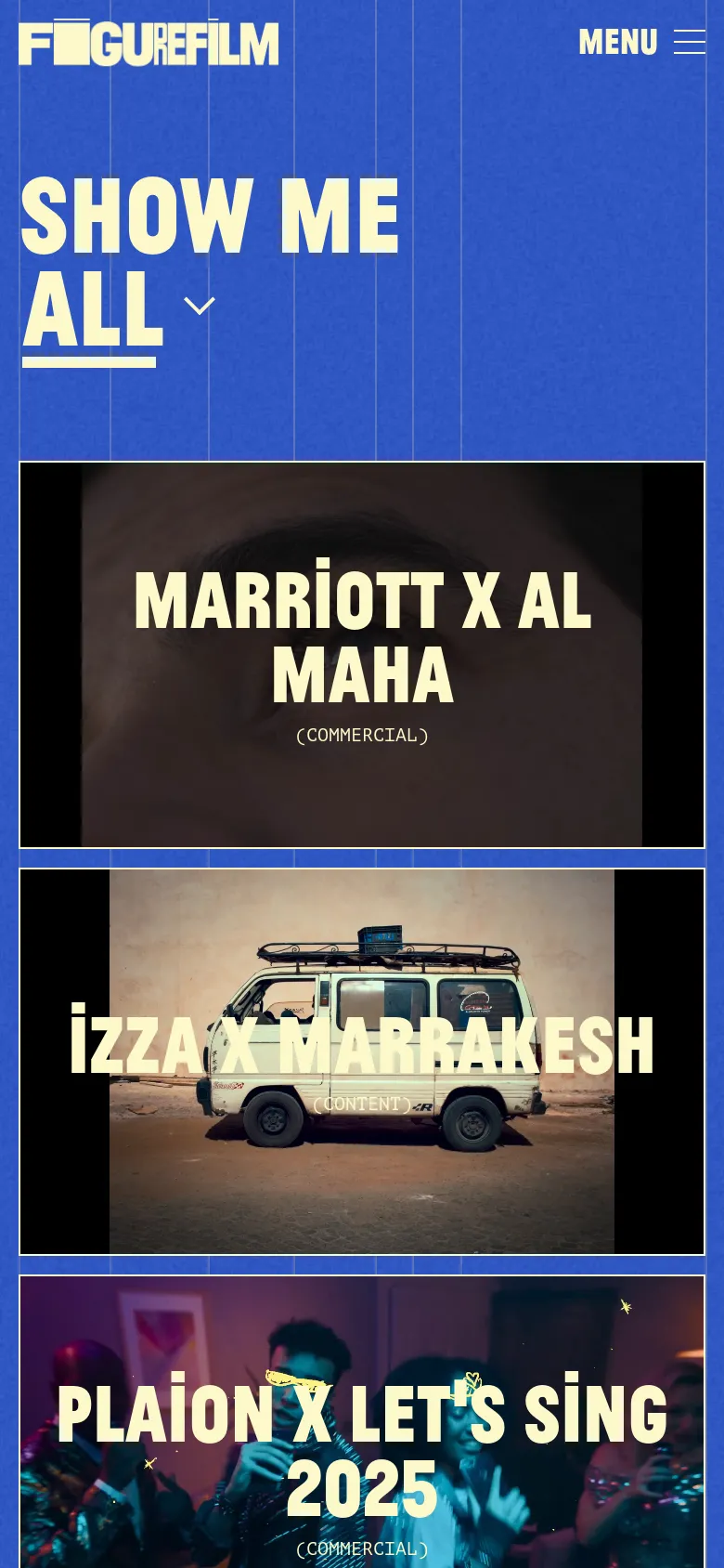 The mobile version uses a condensed blue header with the logo centered and a hamburger menu icon on the right. The 'SHOW ME ALL' heading is prominently displayed in large white text, followed by a single-column vertical stack of large video project thumbnails with overlaying text titles.