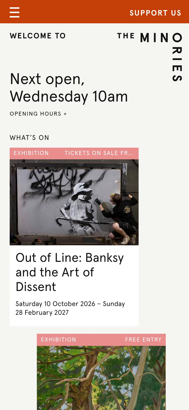 The mobile version uses a vertical stack layout with a top navigation bar containing a hamburger menu and the site logo. The hero image and exhibition title are centered and take up the full width of the screen, followed by a simplified list of opening hours and event links. The orange accent from the desktop sidebar is moved to a top header bar.