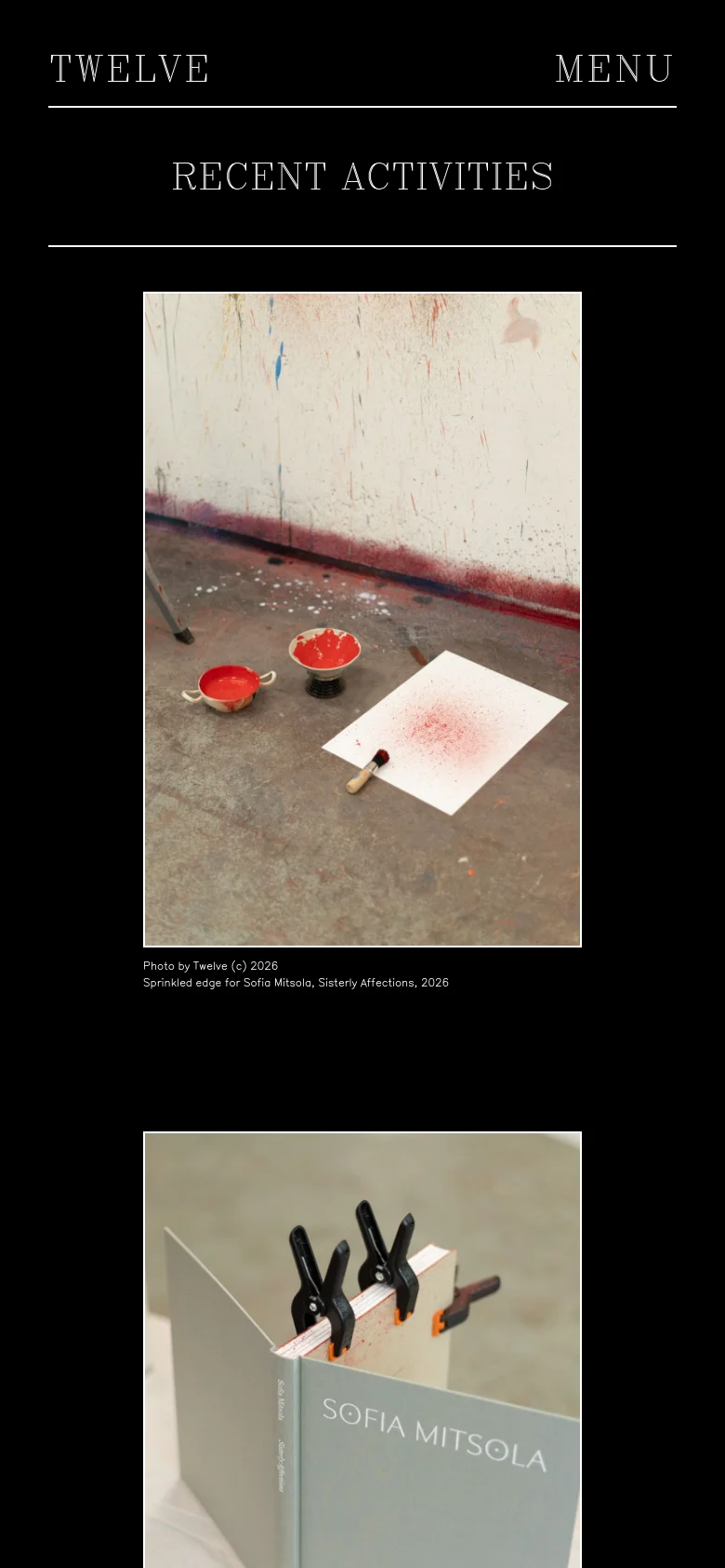 The mobile version maintains the black and white minimalist aesthetic but simplifies the layout. The top navigation is replaced by a single 'MENU' link on the right, and the 'RECENT ACTIVITIES' section features large, full-width vertical images of design projects.