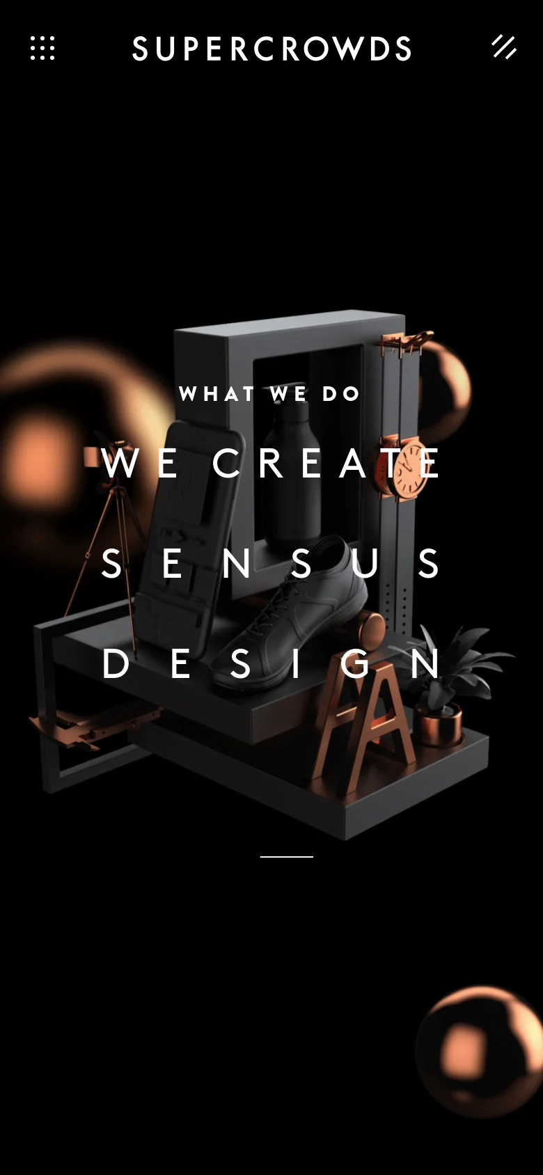 The mobile version maintains the dark theme and central 3D hero imagery but uses a condensed layout. The header is simplified with the 'SUPER CROWDS' logo centered, a grid icon on the left, and a hamburger-style menu icon on the right, while the large hero text is scaled to fit the narrower screen.