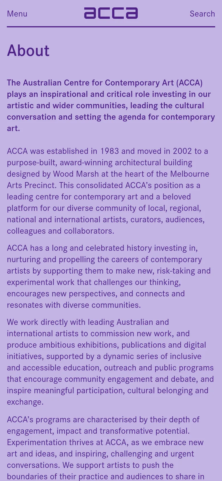 The mobile version presents a simplified, single-column vertical layout optimized for small screens. The 'About' heading and descriptive text span the full width of the screen, and the multi-column sidebar links from the desktop version are removed to prioritize readability of the main content. A top navigation bar contains the ACCA logo, a 'Menu' button, and a 'Search' link.
