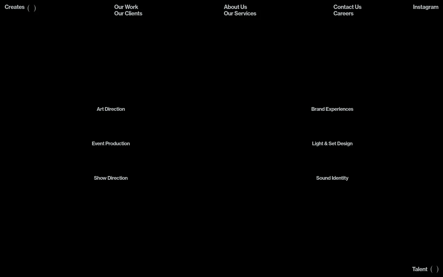 The desktop version features a minimalist black background with white text arranged in a two-column grid layout. The page lists services including Art Direction, Brand Experiences, Event Production, Light & Set Design, Show Direction, and Sound Identity, with navigation links at the top.