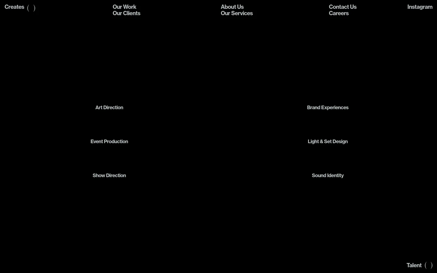 The desktop version features a minimalist black background with white text arranged in a two-column grid layout. The page lists services including Art Direction, Brand Experiences, Event Production, Light & Set Design, Show Direction, and Sound Identity, with navigation links at the top.