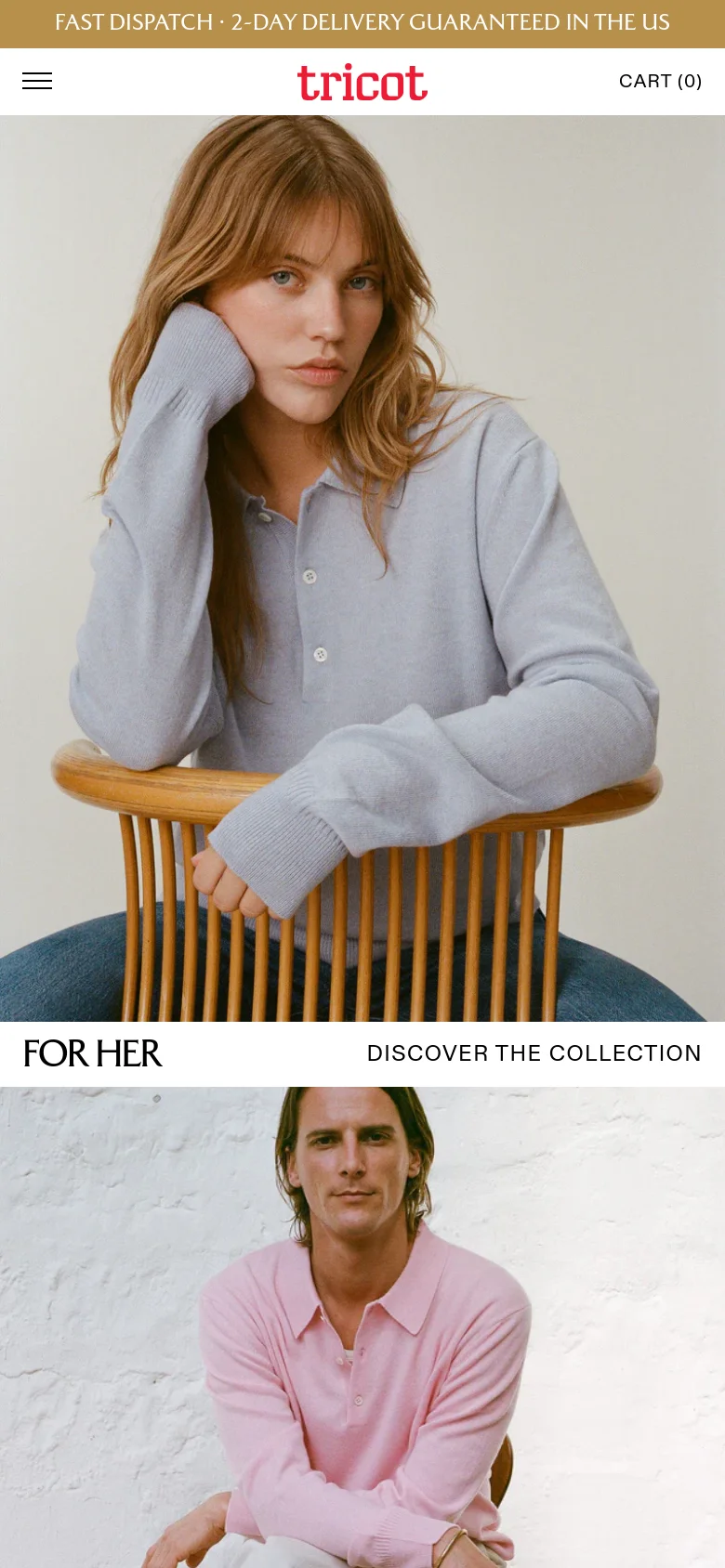 The mobile version uses a single-column vertical layout, stacking the hero images one on top of the other instead of side-by-side. The navigation is condensed into a hamburger menu, and the 'FOR HER' and 'FOR HIM' sections are presented as full-width vertical blocks. The overall color palette remains neutral and clean.