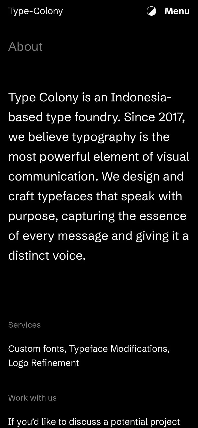 The mobile version uses a single-column vertical layout on a black background. The text is stacked vertically, starting with the 'About' heading and mission statement, followed by sequentially listed sections for Services, Work with us, Career, Internship, and Apply.