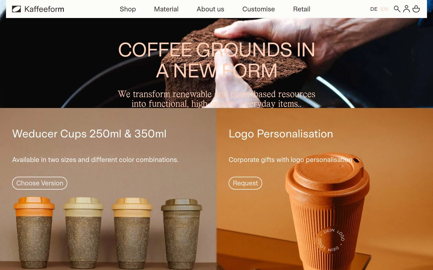 The desktop homepage features a large hero image of hands holding coffee grounds with the headline 'COFFEE GROUNDS IN A NEW FORM'. Below, a split section shows Weducer Cups in various colors with a 'Choose Version' button on the left, and a close-up of a personalized cup with a 'Request' button on the right. The navigation bar is at the top with links for Shop, Material, About us, Customise, and Retail.