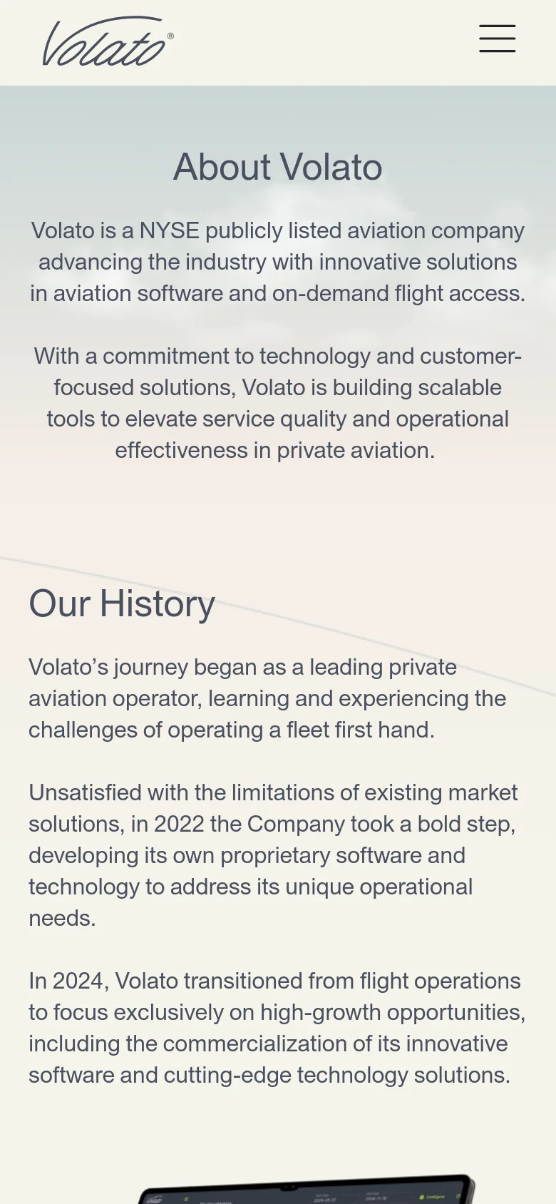 The mobile version maintains the light gray and dark text color scheme but uses a condensed vertical layout. The navigation is tucked into a hamburger menu icon at the top right, and the text blocks for 'About Volato' and 'Our History' are scaled for easier reading on a narrow screen.
