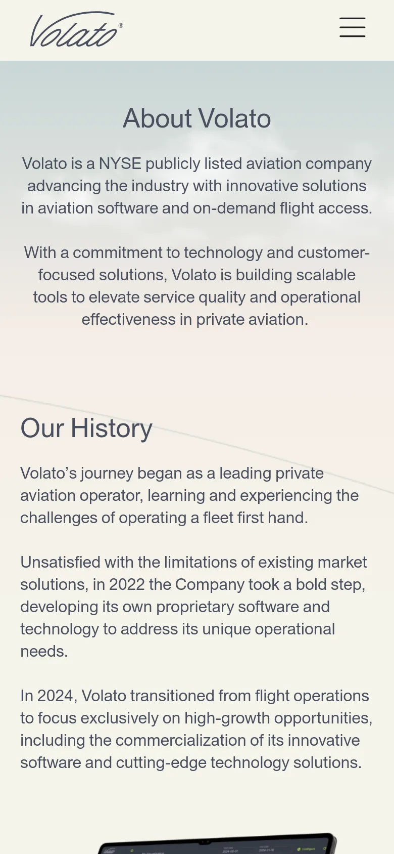 The mobile version maintains the light gray and dark text color scheme but uses a condensed vertical layout. The navigation is tucked into a hamburger menu icon at the top right, and the text blocks for 'About Volato' and 'Our History' are scaled for easier reading on a narrow screen.