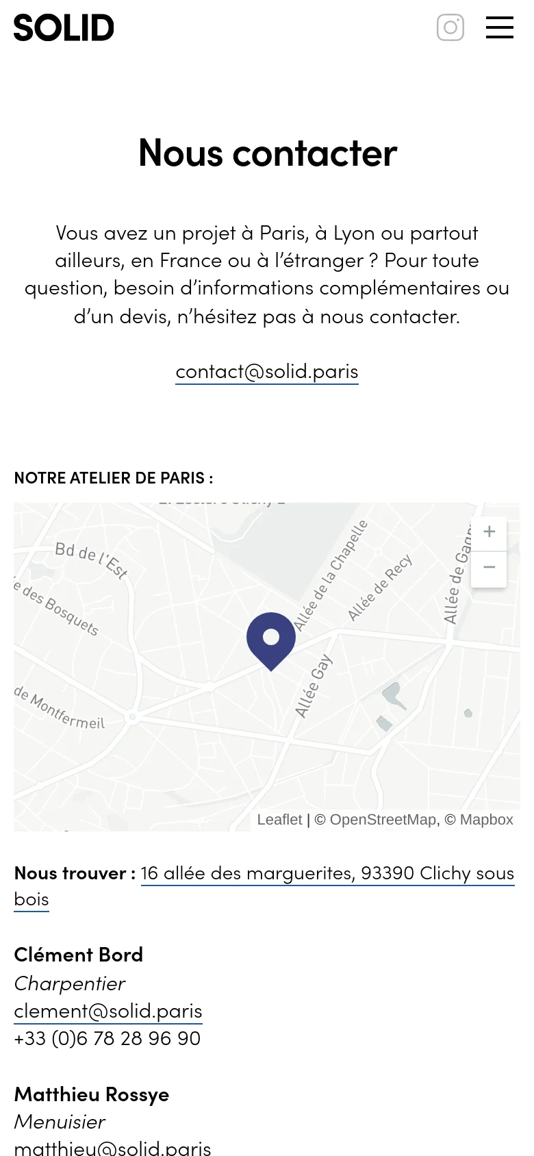 The mobile version displays a vertically stacked layout with the 'SOLID' logo, Instagram icon, and a hamburger menu at the top. The contact text, email link, and a full-width map are centered, followed by contact details for Clément Bord and Matthieu Rossye listed below the map.