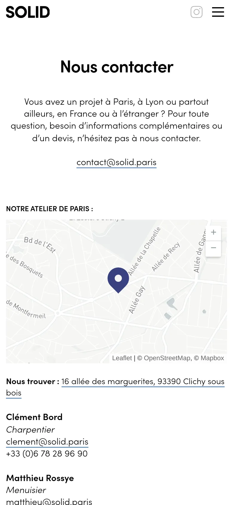 The mobile version displays a vertically stacked layout with the 'SOLID' logo, Instagram icon, and a hamburger menu at the top. The contact text, email link, and a full-width map are centered, followed by contact details for Clément Bord and Matthieu Rossye listed below the map.