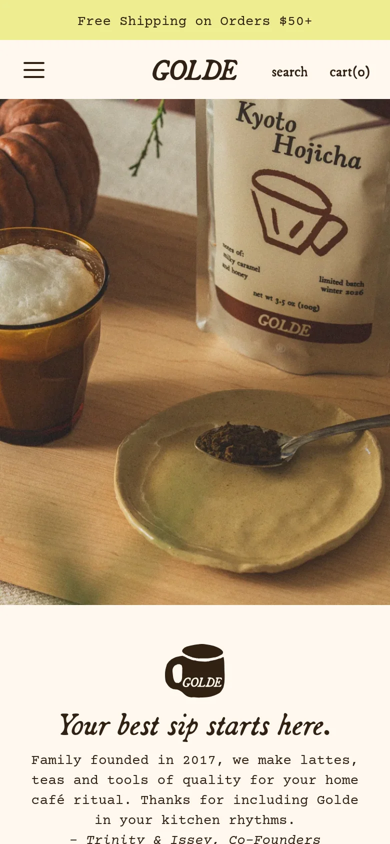 The mobile version uses a simplified layout with a hamburger menu icon and a centered logo at the top. The hero image is cropped to focus on the tea packaging and glassware, and the brand introduction follows immediately below the image in a single-column format.
